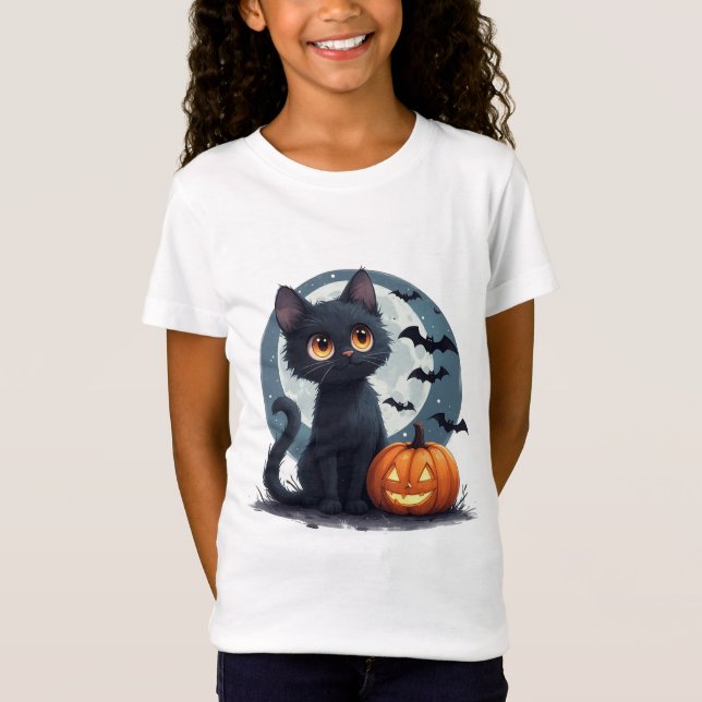 Camiseta Gato Preto Kawaii Sob a Lua Cheia no Halloween 🎃 (Frente)