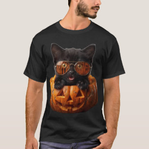 Camiseta Gato Preto Legal em Abóbora de Halloween Usando Óc