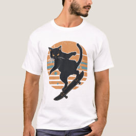 Camiseta Gato Preto Legal Skateboarder Gráfico Retro pôr do