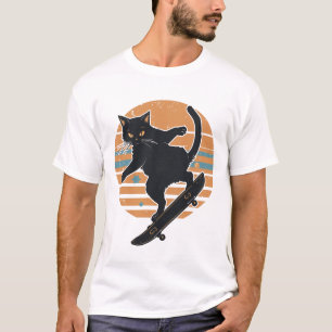 Camiseta Gato Preto Legal Skateboarder Gráfico Retro pôr do