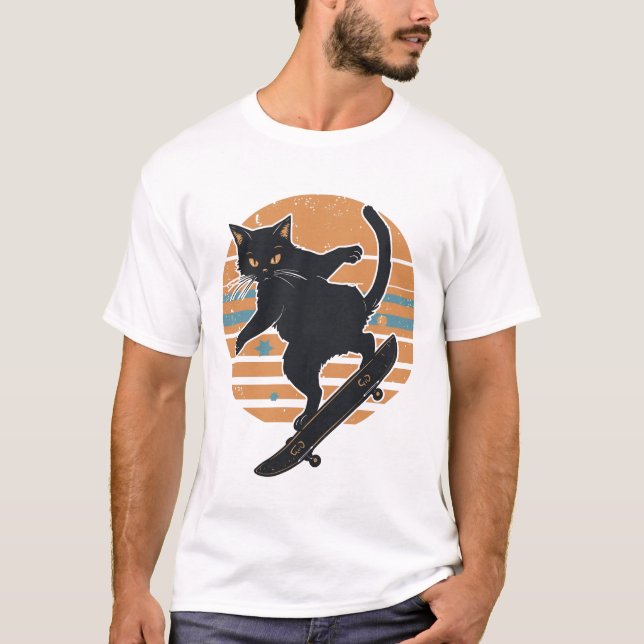 Camiseta Gato Preto Legal Skateboarder Gráfico Retro pôr do (Frente)