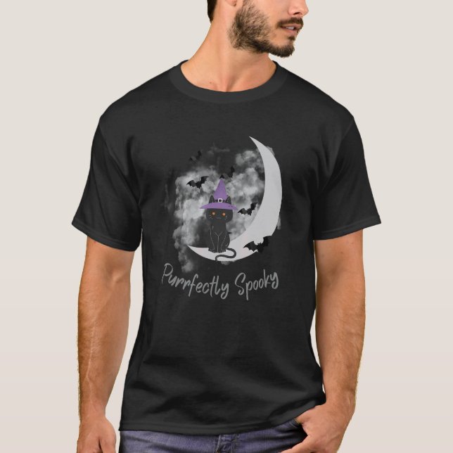 Camiseta Gato Preto Lua de Halloween Assustador (Frente)