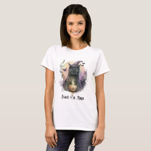 Camiseta Gato Preto Magia Bruxas Chapéu Branco Halloween