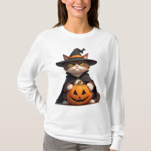 Camiseta Gato Preto Mal-Humorado Segurando Abóbora para o H