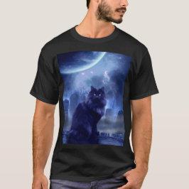 Camiseta gato preto masculino e luz da lua