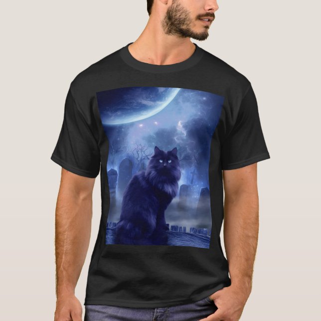 Camiseta gato preto masculino e luz da lua (Frente)