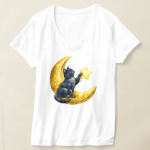 Camiseta Gato Preto Místico em Crescente Dourado em Aquarel