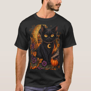 Camiseta Gato Preto Místico Gótico Halloween Bruxaria Lua