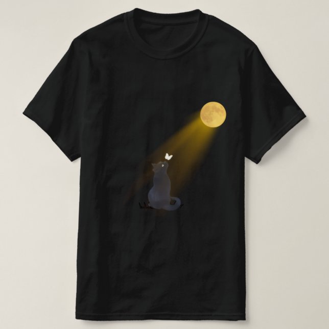 Camiseta Gato Preto Místico Olhando para a Lua Bri (Frente do Design)