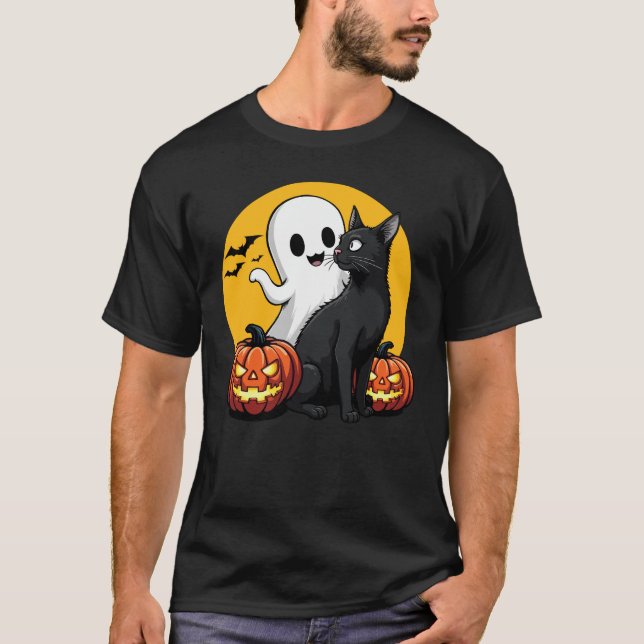 Camiseta Gato Preto Morcego Voador Fantasma de Halloween (Frente)