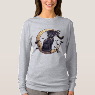 Camiseta Gato Preto na Lua Crescente PNG Bruxa Celestial