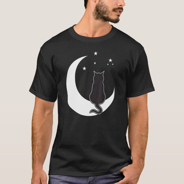 Camiseta Gato Preto na Lua Crescente sob a Luz das Estrelas (Frente)