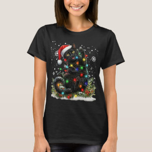Camiseta Gato Preto Natal Chapéu de Papai Noel Engraçado Ca
