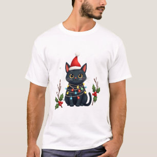 Camiseta Gato Preto Natal Chapéu de Papai Noel Gat