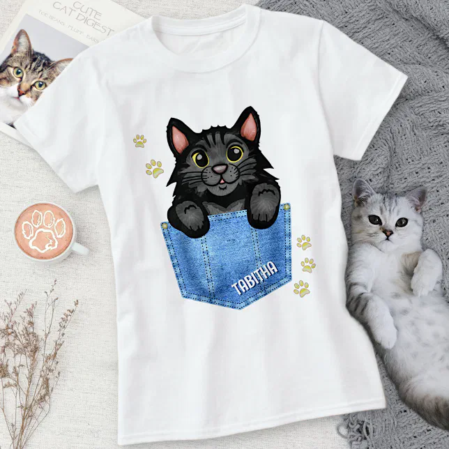 T-SHIRT GATINHO MEOW NO BOLSO - PRETO, Atacado Tshirt