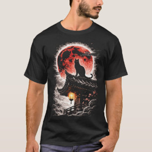 Camiseta Gato Preto no Telhado da Pagode, Lua Vermelha - Ar