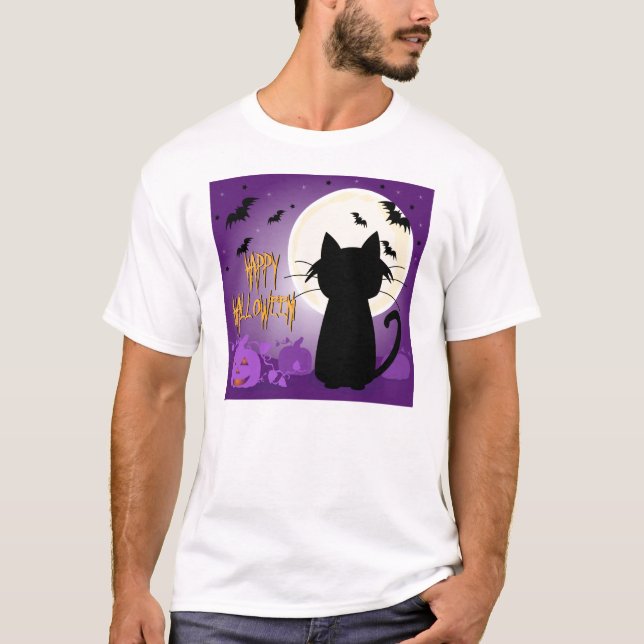 Camiseta Gato preto o Dia das Bruxas (Frente)