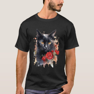 Camiseta Gato Preto Olhos Amarelos Floral Rosas Vermelhas F