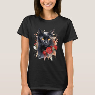 Camiseta Gato Preto Olhos Amarelos Floral Rosas Vermelhas F