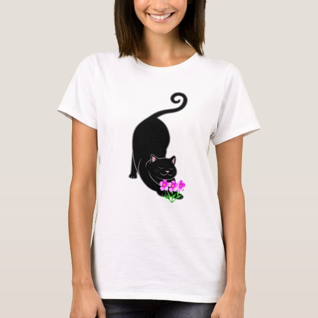 Camiseta Gato preto para baixo e flores cor-de-rosa (Frente)