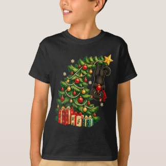 Camiseta Gato preto pendurado na árvore de Natal animal de