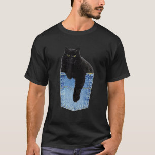 Camiseta Gato Preto Relaxando no Bolso de Jeans Pet