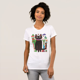 Camiseta Gato Preto Reproduzível com Acentos Coloridos de A