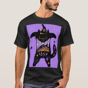 Camiseta Gato Preto Retro Divertido Halloween