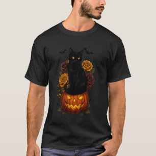 Camiseta Gato Preto Retro Floral de Abóbora Halloween Sombr