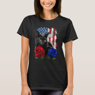 Camiseta Gato Preto Rosa Bandeira Americana Feliz 4 de Julh