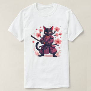 Camiseta Gato Preto Samurai Estética Japonesa Flor de Cerej