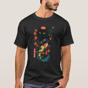 Camiseta Gato Preto Samurai Japonês Flor de Cerejeira Koi J