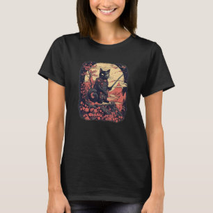 Camiseta Gato Preto samurai japonês guerreiro ninja flores,