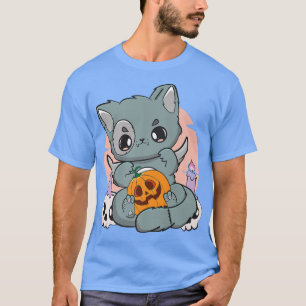 Camiseta Gato Preto Segurando Um Chibi Neko De Abóbora Gela