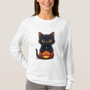 Camiseta Gato Preto Sentado Dentro de uma Abóbora