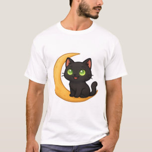 Camiseta Gato Preto Sorrindo com Olhos Verdes Brilhantes Se