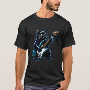 Camiseta Gato Preto Tocando Guitarra Rock and Roll Astro do