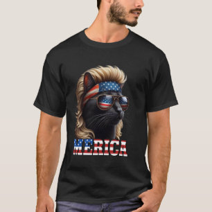 Camiseta Gato Preto Usando Peruca Loira Mullet 4 De Julho F