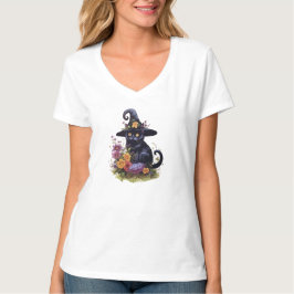 Camiseta gato preto vestindo chapéu de cowboy com flores