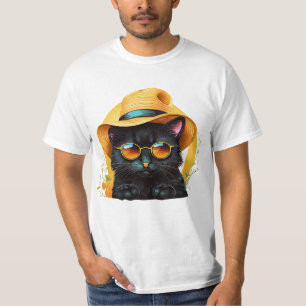 Camiseta gato preto vestindo óculos de sol e chapéu, gato e