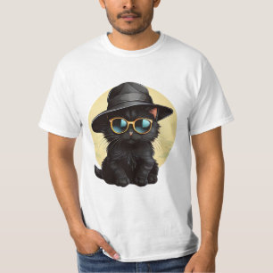 Camiseta gato preto vestindo óculos de sol e chapéu, gato e