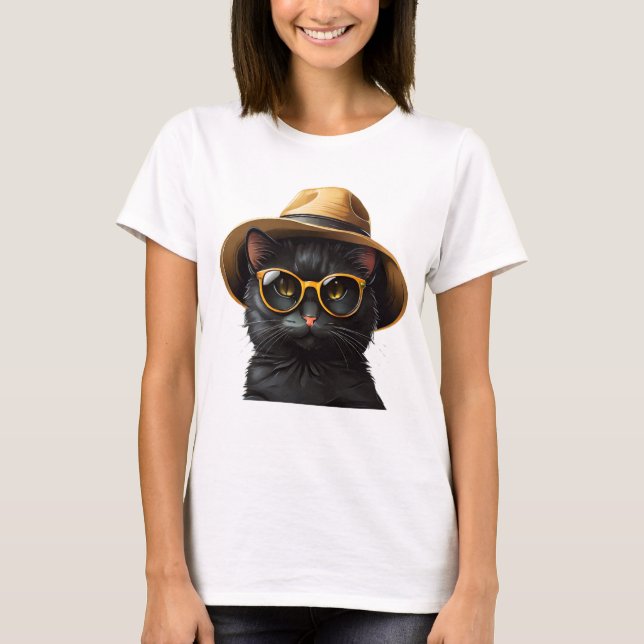 Camiseta gato preto vestindo óculos de sol e chapéu, gato e (Frente)