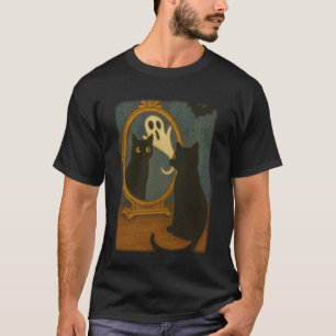 Camiseta Gato Preto Vintage de Halloween Fantasma no Espelh