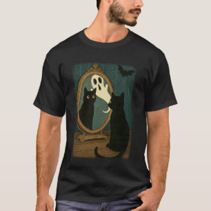 Camiseta Gato Preto Vintage Halloween Fantasma no Espelho G