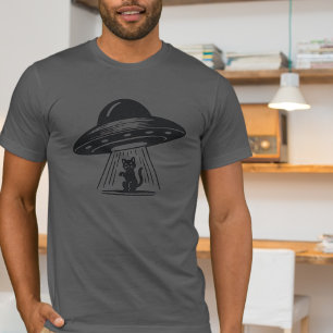 Camiseta Gato Preto Vintage Nave Espacial OVNI Engraçado