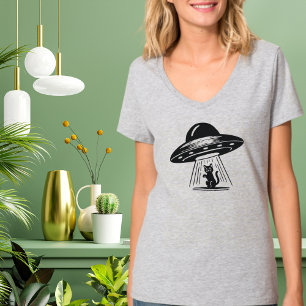 Camiseta Gato Preto Vintage OVNI Espaçonave Engraçado