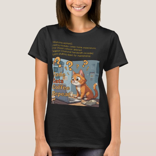 Camiseta Gato Programador Código Café Repetir Design (Frente)