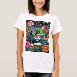 Camiseta Gato psicodélico entre flores