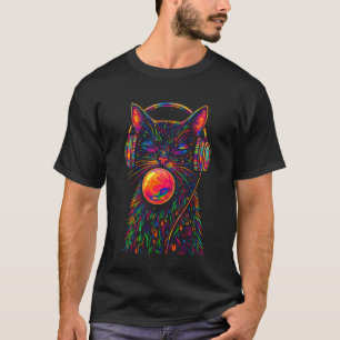 Camiseta Gato Psicodélico Fone de Ouvido Trippy Arco-íris H