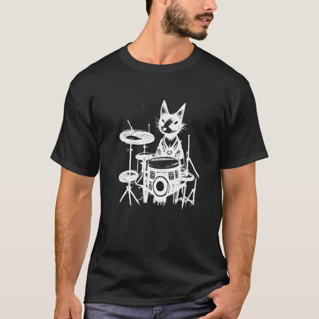 Camiseta Gato Punk Tocando Bateria  2 (Frente)